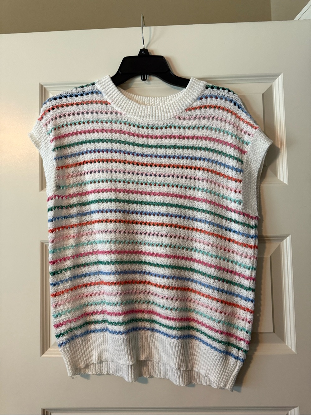Staccato White Open-Knit Crewneck Sweater with Multicolor Stripes